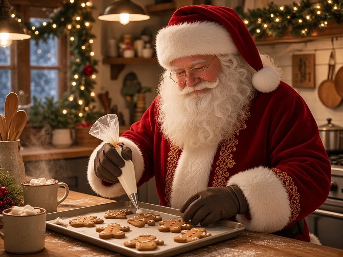 Le Père Noël prépare des biscuits et goûters dans la cuisine