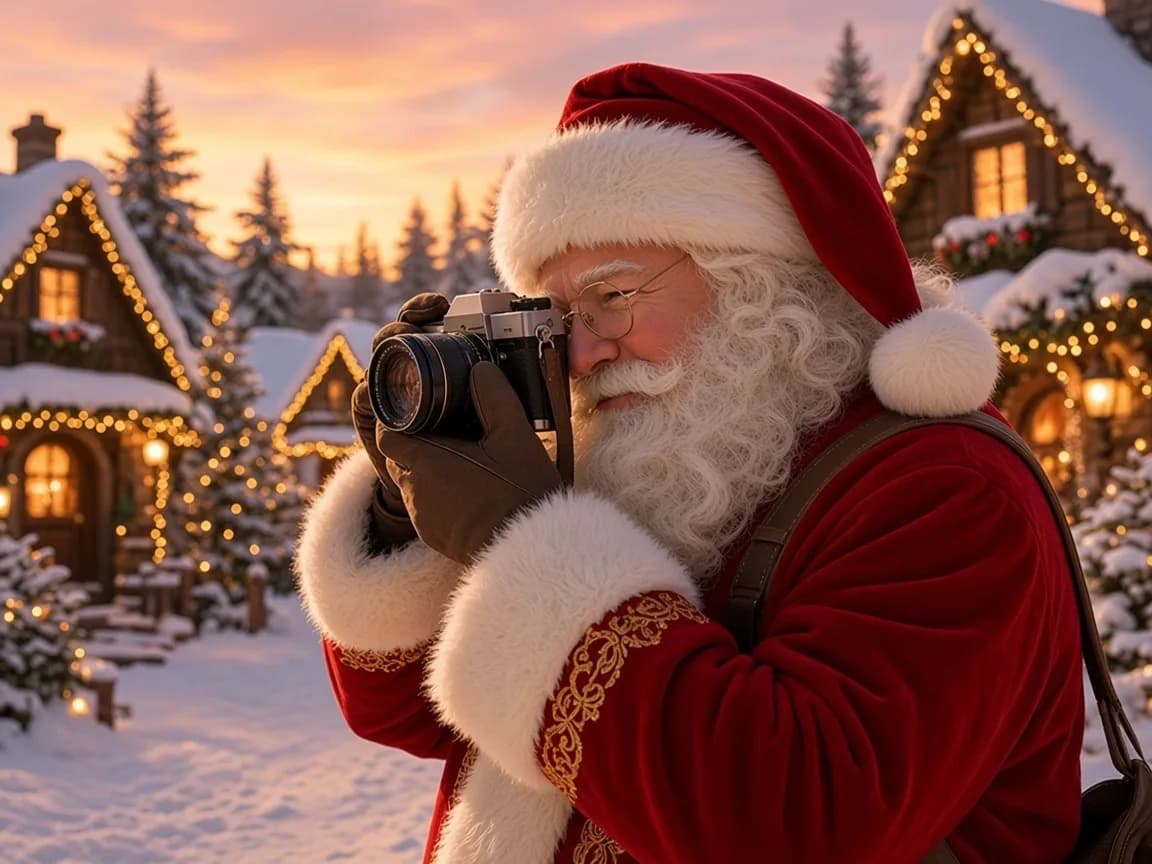 Le Père Noël photographie le Village enneigé au coucher du soleil