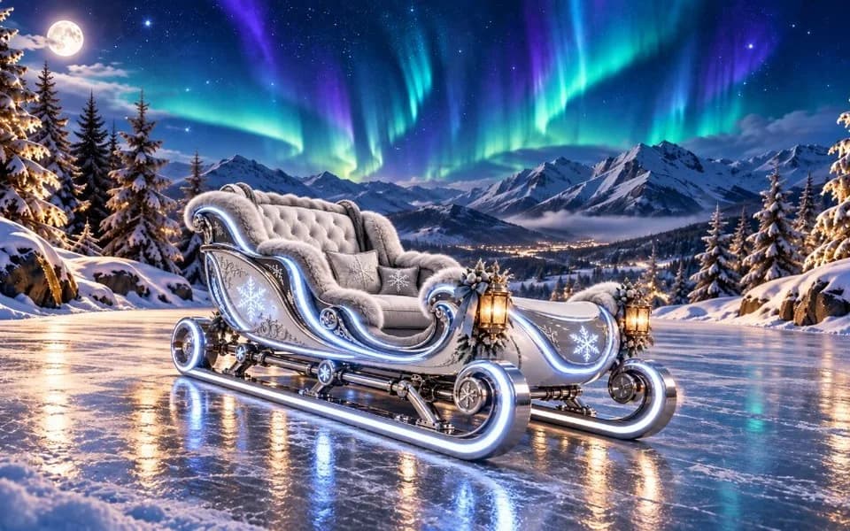 Un traîneau futuriste blanc et argent aux LED bleutées, orné de flocons