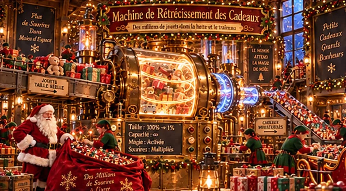 Le Père Noël devant la machine de rétrécissement des cadeaux, entouré de lutins et de paquets.