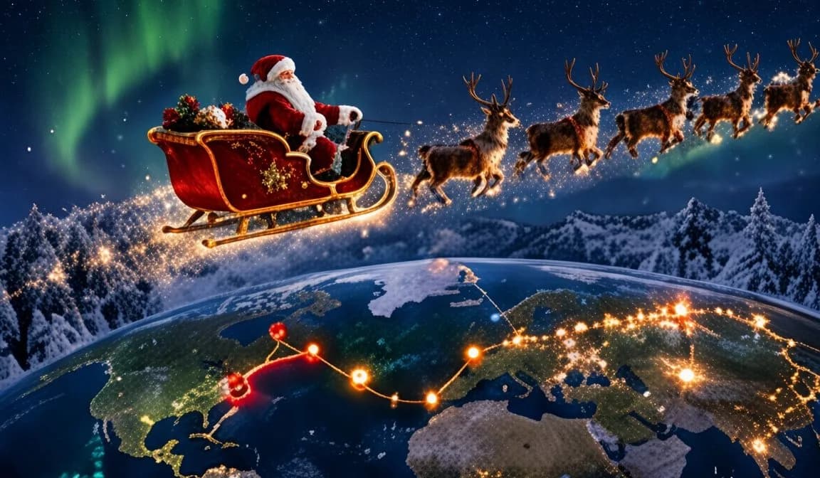Le traîneau du Père Noël survole la Terre illuminée