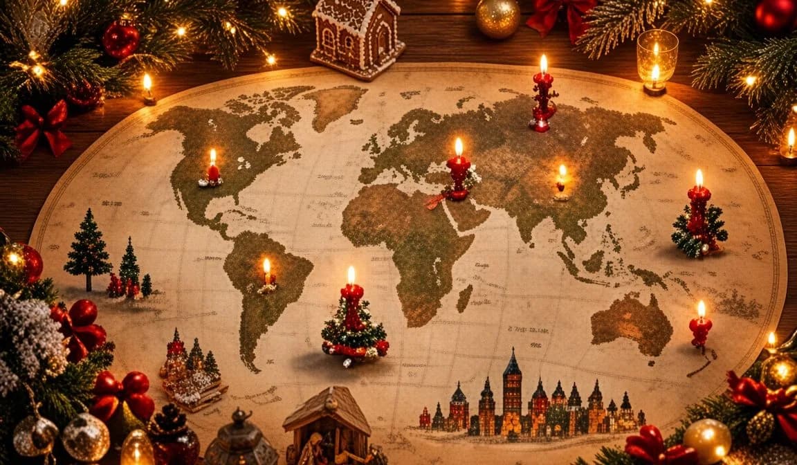 Carte du monde décorée des traditions de Noël