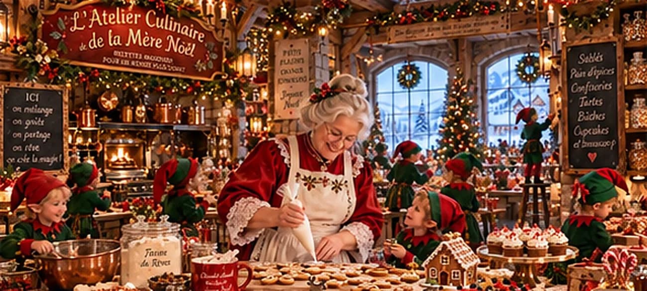 Maman Noël et les lutins pâtissiers dans l'atelier culinaire décoré pour Noël