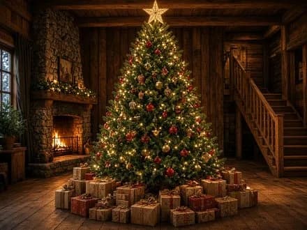 Le grand sapin illuminé entouré de cadeaux