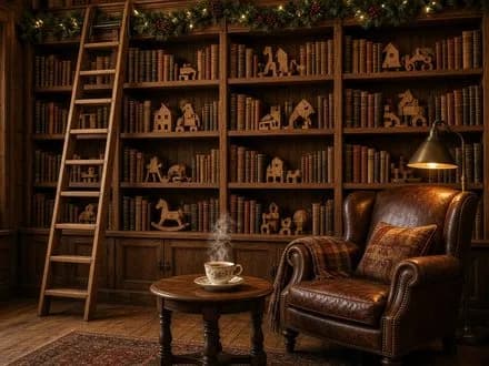 La bibliothèque du Père Noël et son fauteuil en cuir