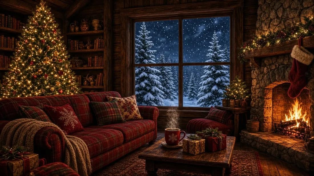 Le grand salon de la maison du Père Noël : sapin illuminé, canapé écossais et cheminée, sous la neige