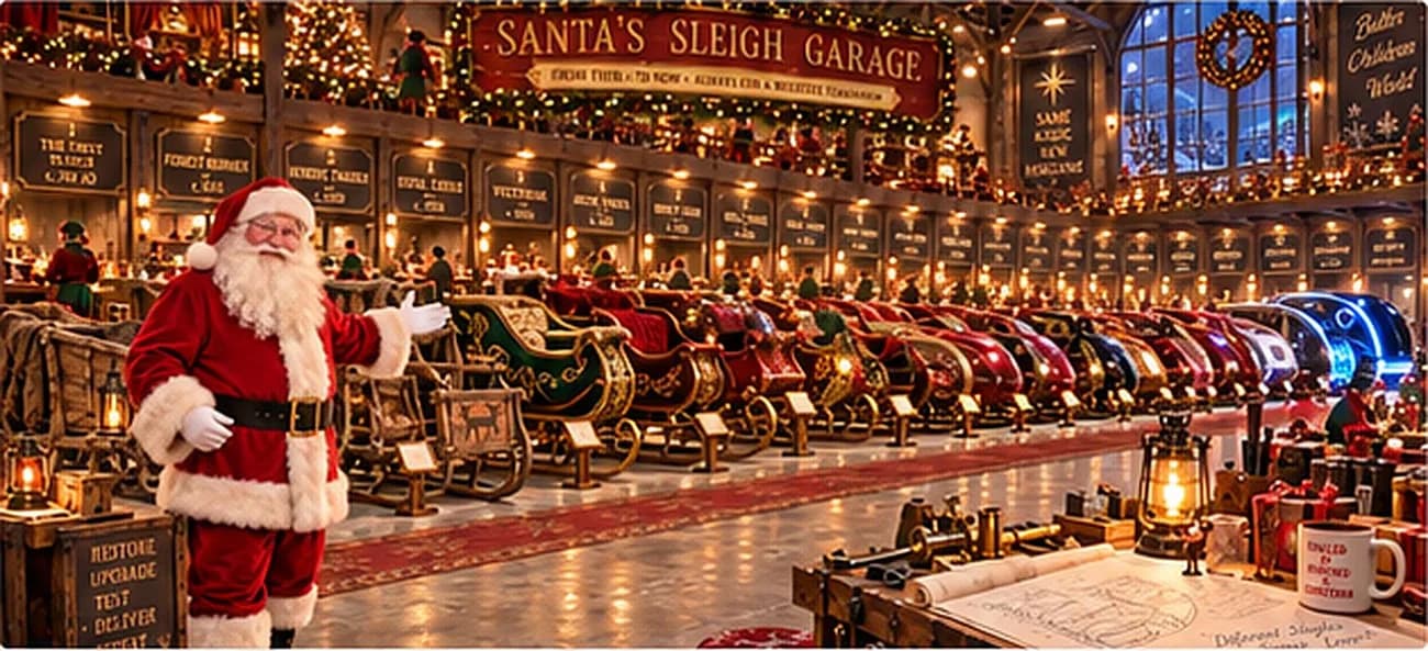Le Père Noël dans le grand hall du Santa’s Sleigh Garage, devant une longue rangée de traîneaux rouges et dorés