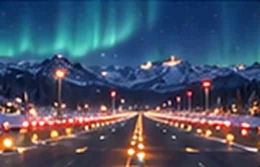 La piste illuminée de l’aéroport sous les aurores boréales