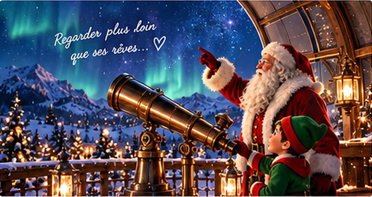 Le Père Noël et un lutin observent les aurores boréales au télescope : Regarder plus loin que ses rêves…
