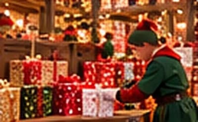 Un lutin emballe des cadeaux au milieu des piles de paquets