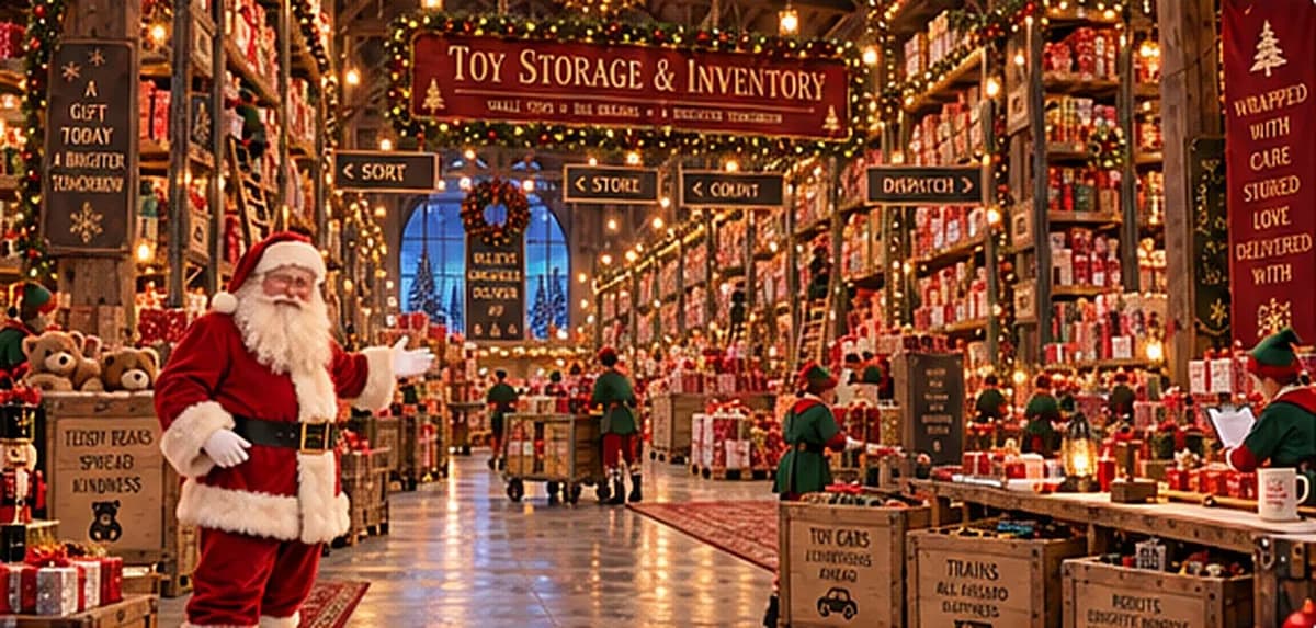 Une allée de l’espace de stockage : étagères remplies de cadeaux, lutins au travail et grand sapin illuminé.