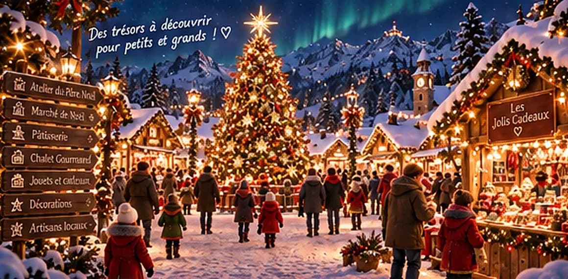 La Place du Village illuminée avec son grand sapin, ses chalets et ses panneaux : Atelier du Père Noël, Marché de Noël, Pâtisserie, Chalet Gourmand, Jouets et cadeaux, Décorations, Artisans locaux