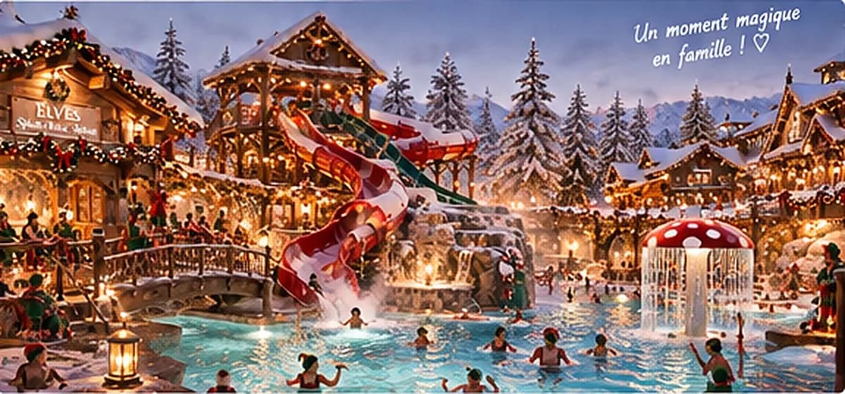 L’espace aquatique du village : bassins chauffés, toboggan rouge et chalets illuminés. Un moment magique en famille !