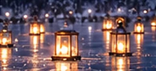 Des lanternes allumées posées sur la glace scintillante