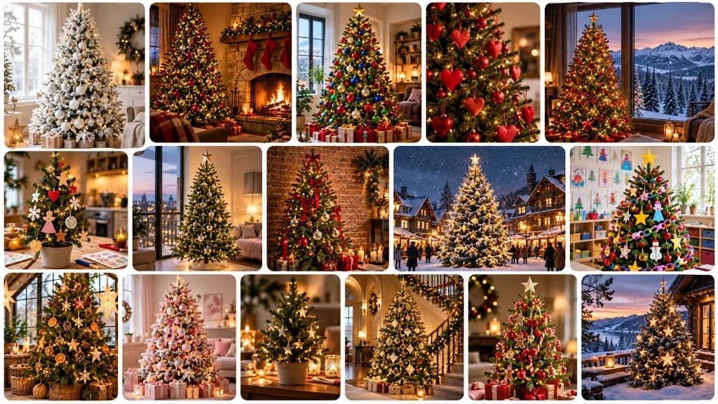 Une collection de sapins de Noël décorés dans différents décors