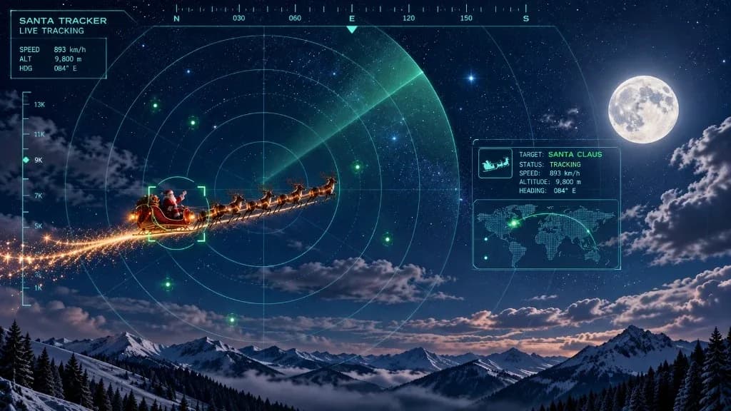 Le traîneau du Père Noël suivi par un radar dans le ciel étoilé