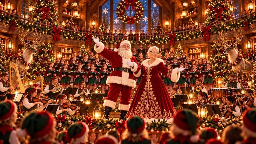 Le Père Noël et la Mère Noël devant une chorale et un orchestre de Noël