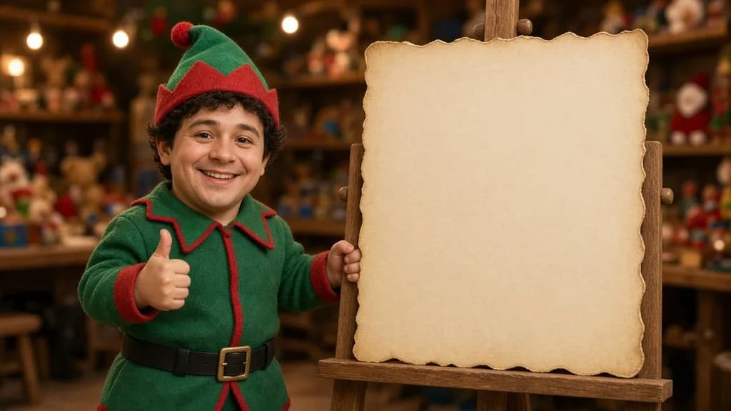 Un lutin fait un pouce levé devant une pancarte : Les lutins rendent Noël magique !