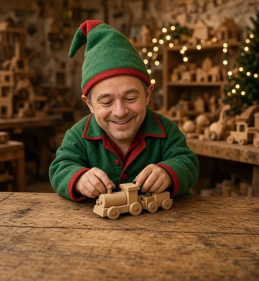 Un lutin fabrique un petit train en bois