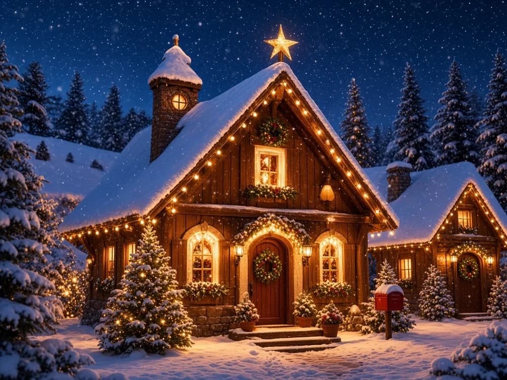 La maison du Père Noël illuminée sous la neige