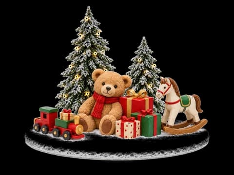 Ours en peluche, sapins enneigés, train, cheval à bascule et cadeaux