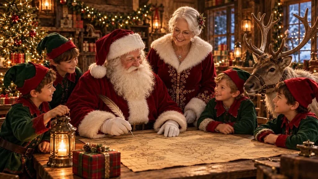 Le Père Noël, la Mère Noël, des lutins et un renne réunis autour de la grande carte de la tournée.