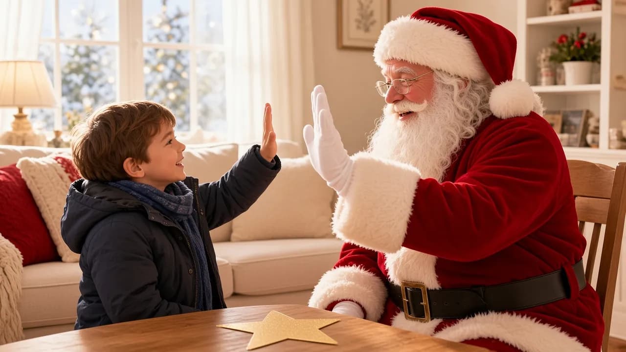 Un enfant joyeux échange un geste de félicitation avec le Père Noël dans un salon lumineux