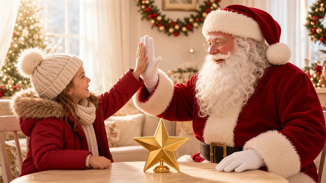 Une enfant célèbre joyeusement ses progrès avec le Père Noël dans un intérieur lumineux