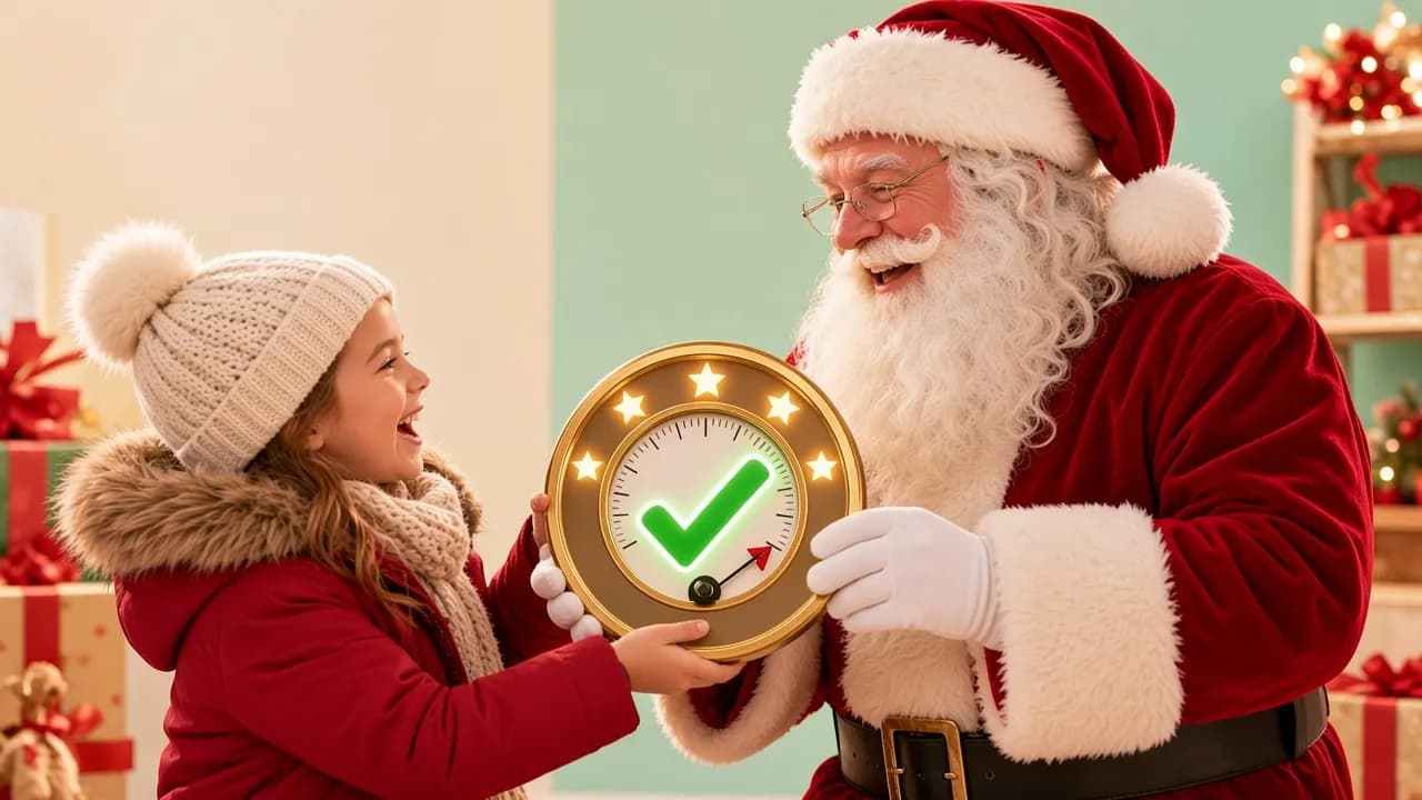 Une enfant et le Père Noël présentent joyeusement le détecteur magique d’enfant sage
