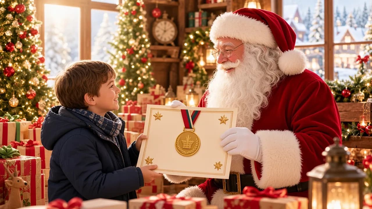 Le Père Noël remet joyeusement un diplôme et une médaille à un enfant