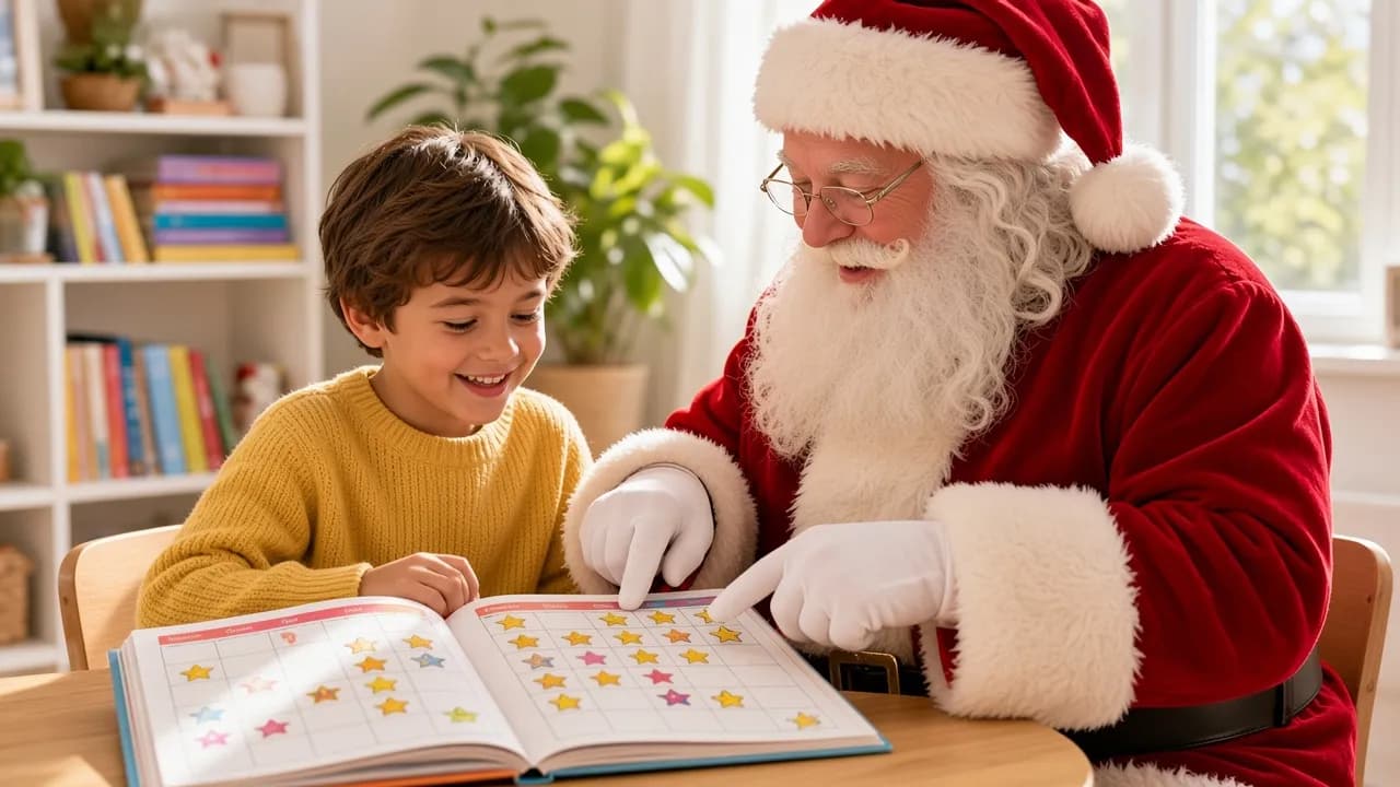 Le Père Noël consulte avec un enfant son carnet annuel rempli d’étoiles