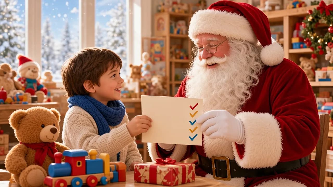 Un enfant souriant partage sa liste de jouets avec le Père Noël dans son atelier lumineux