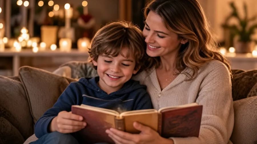 Une maman et son fils lisent un livre ensemble sur le canapé