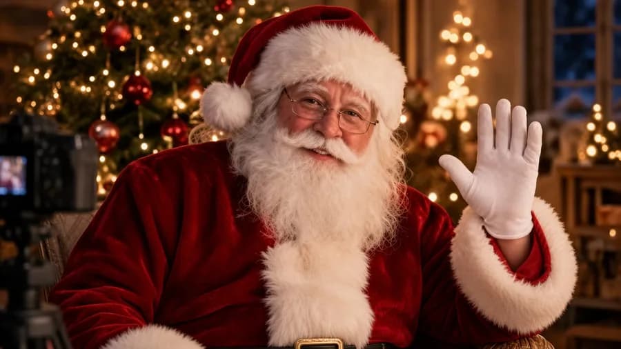 Le Père Noël enregistre un message vidéo et salue de la main