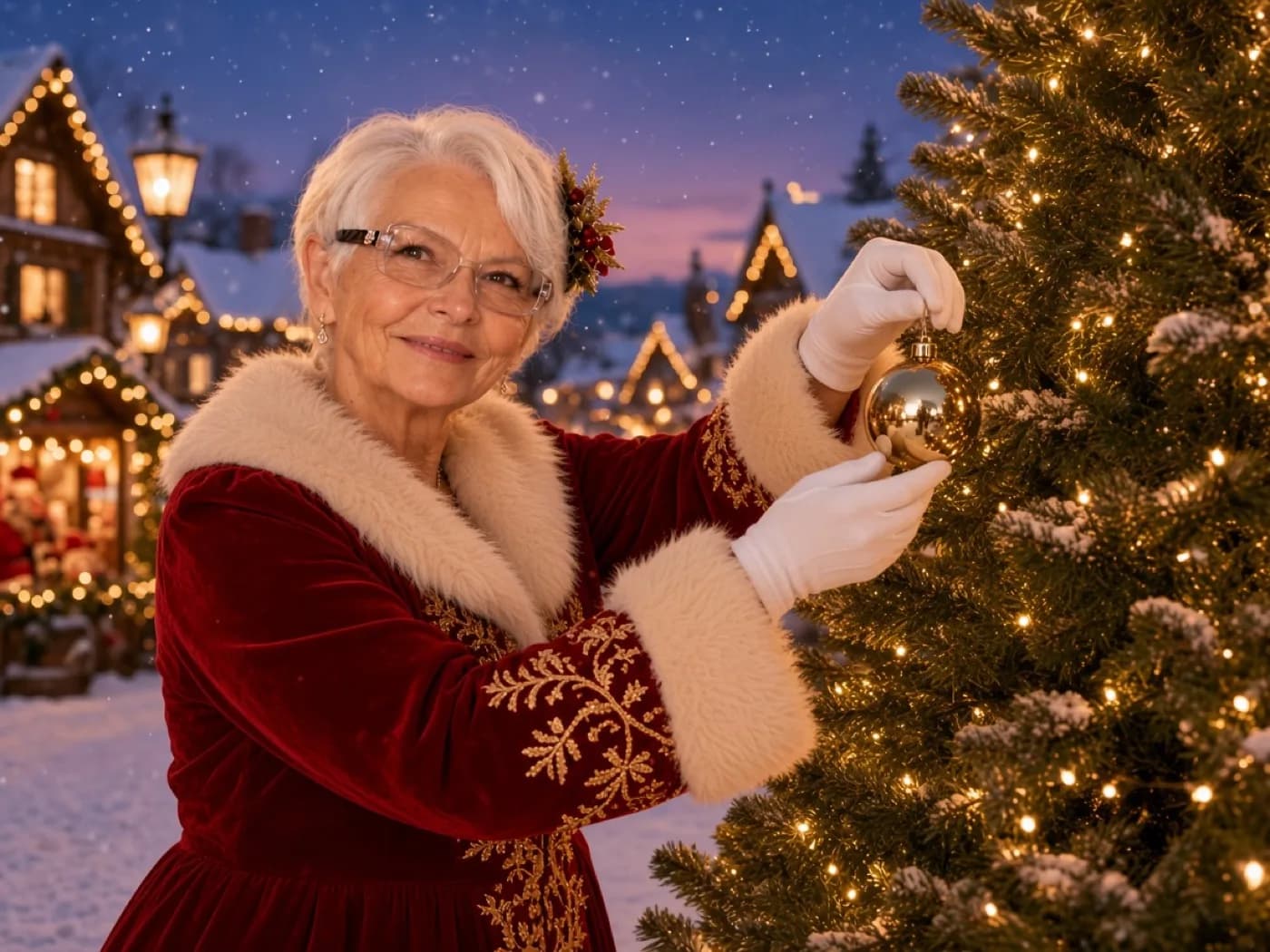 La Mère Noël décore un sapin du Village