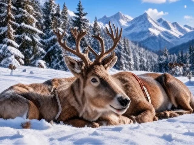 Les rennes se reposent dans la neige