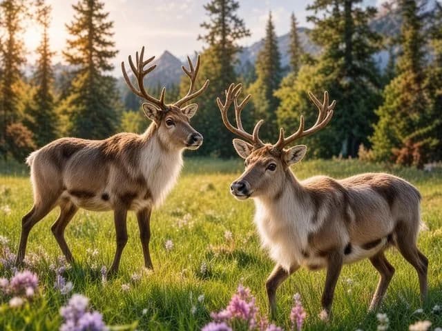 Les rennes dans la forêt au printemps