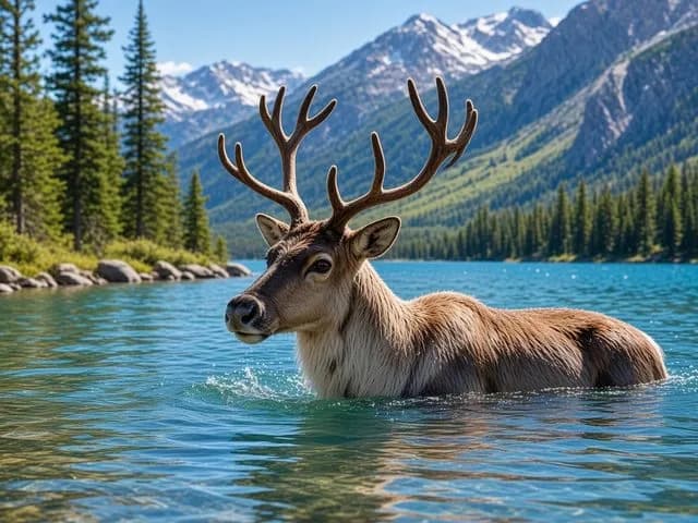 Un renne se baigne dans un lac de montagne