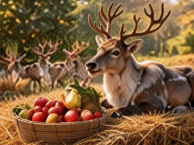 Un renne se repose près d’un panier de pommes