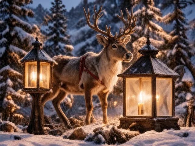 Un renne entre deux lanternes dans la neige