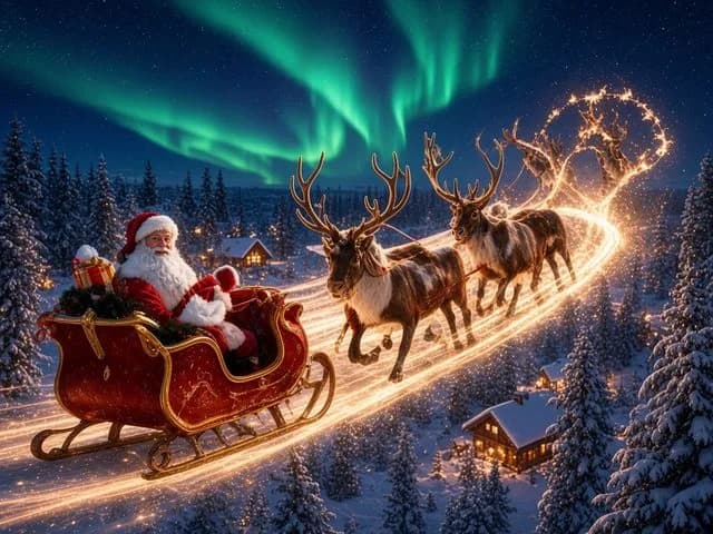 Le traîneau du Père Noël et ses rennes dans le ciel