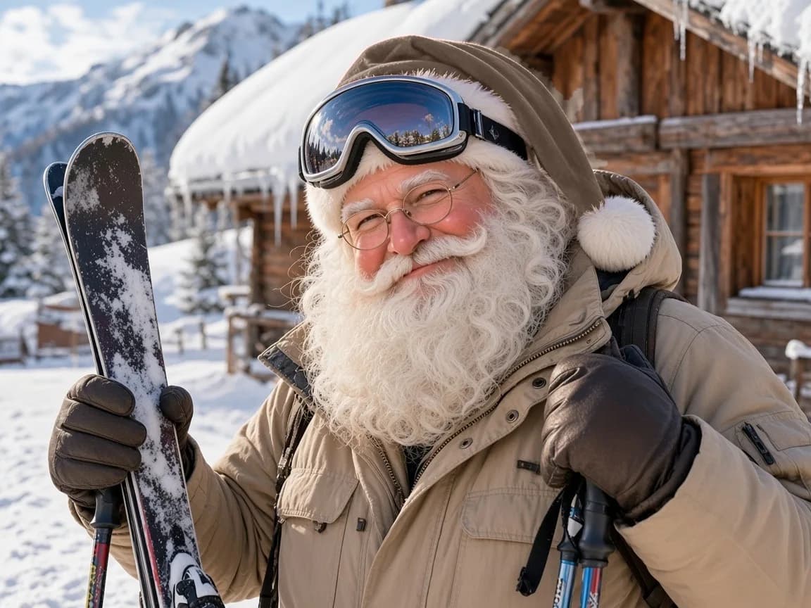 Février — le Père Noël au ski, parka beige et lunettes
