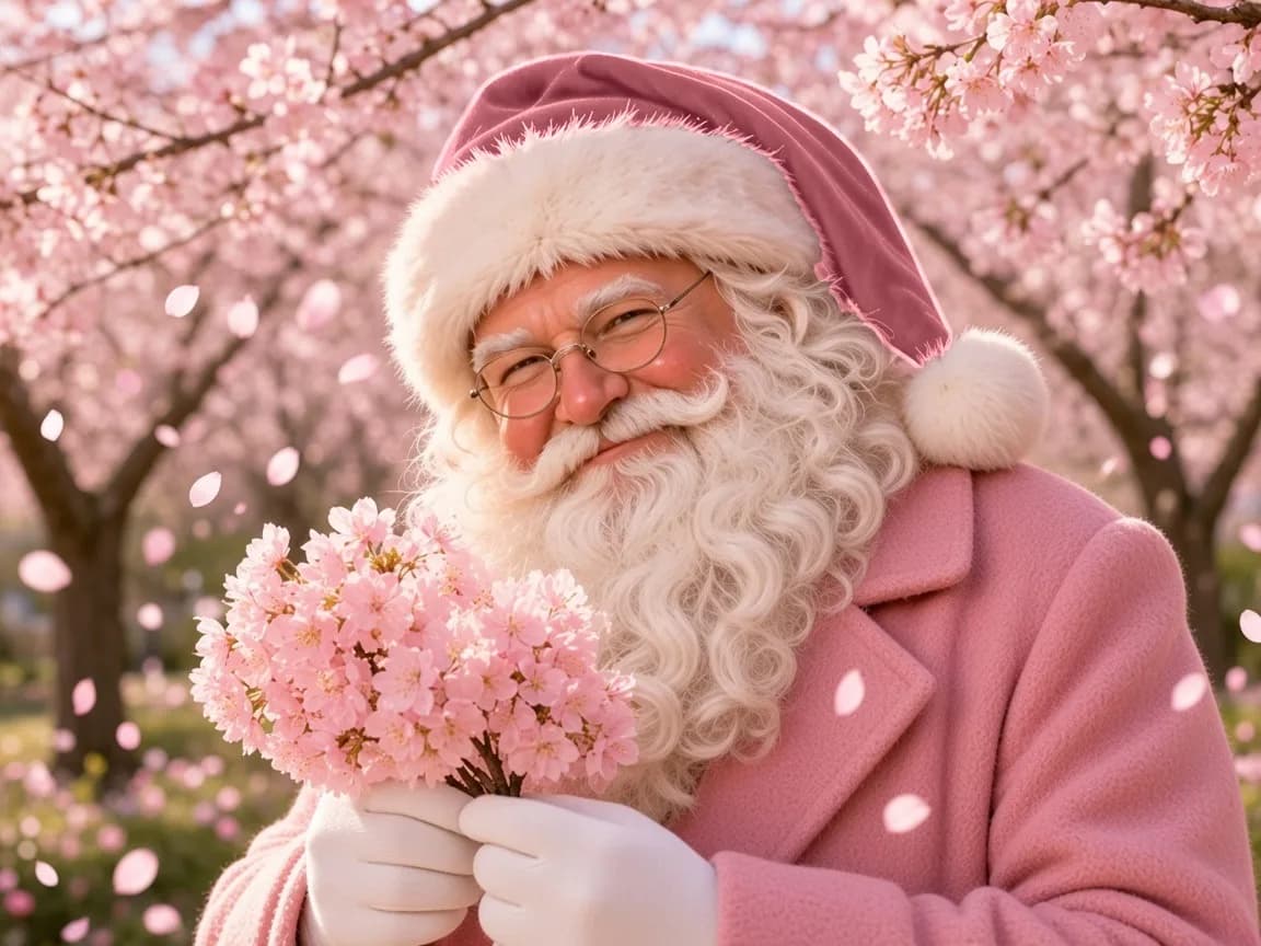 Mars — le Père Noël sous les cerisiers en fleurs, manteau rose