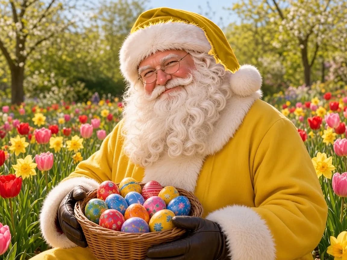 Avril — le Père Noël et son panier d’œufs, manteau jaune