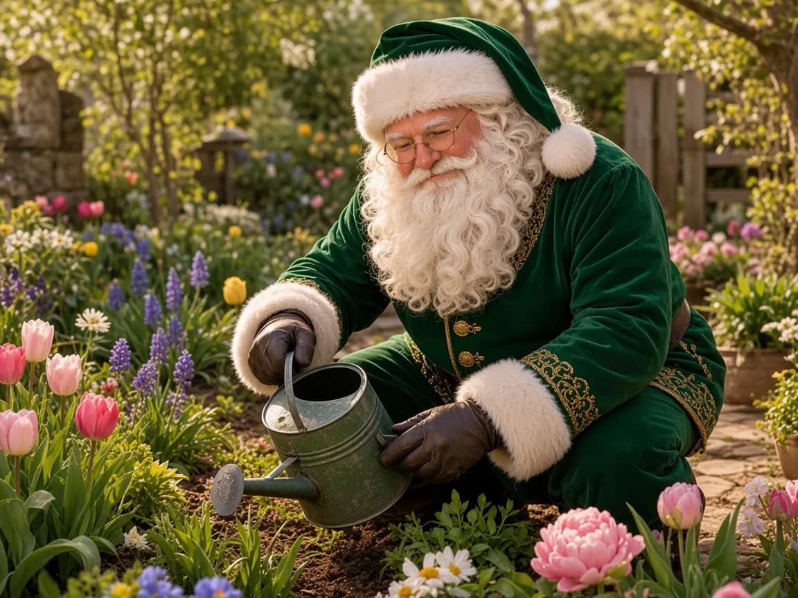 Mai — le Père Noël arrose le jardin, manteau vert