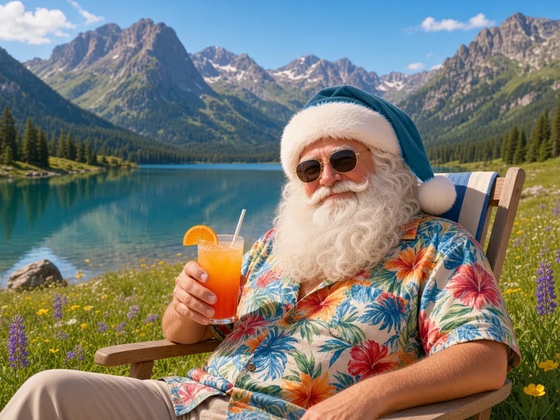 Juin — le Père Noël au bord d’un lac, au milieu d’une vallée de montagnes