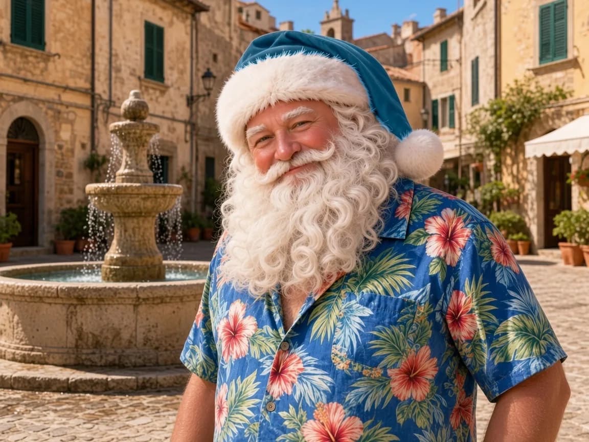 Juillet — le Père Noël sur une place italienne, près d’une petite fontaine