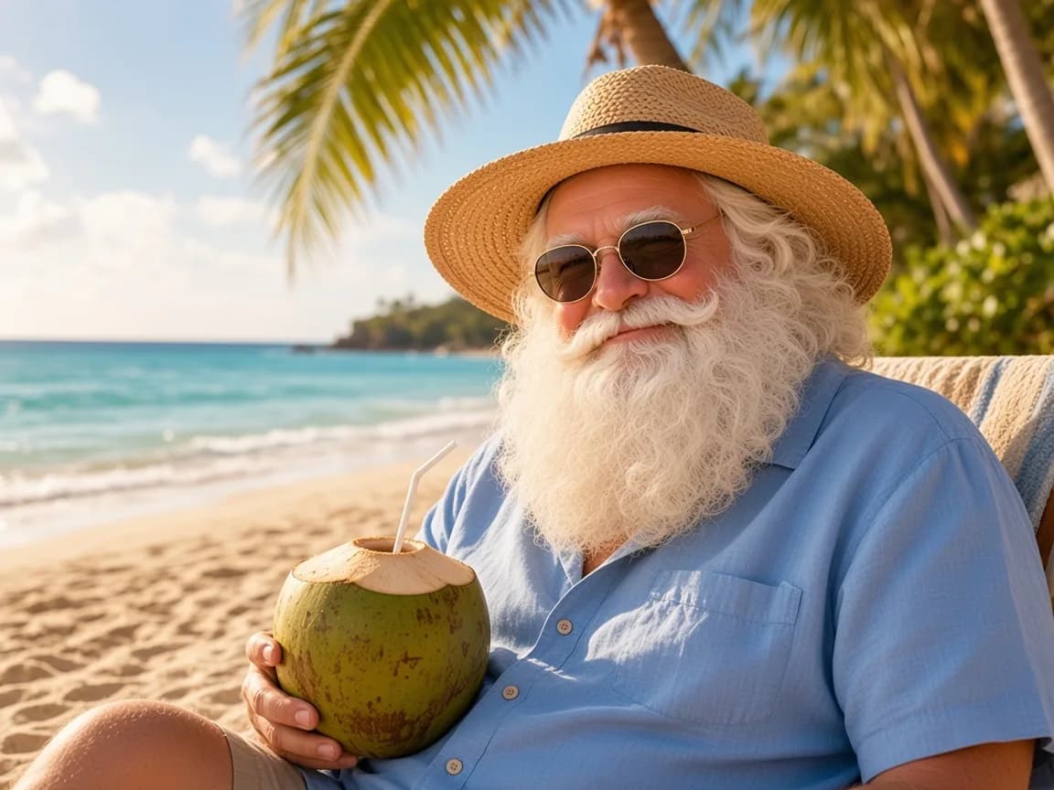 Août — le Père Noël sous les palmiers, chapeau de paille