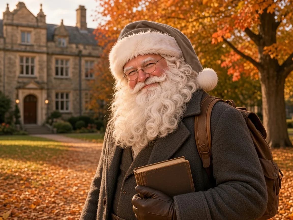 Septembre — le Père Noël en veste et sac à dos pour la rentrée
