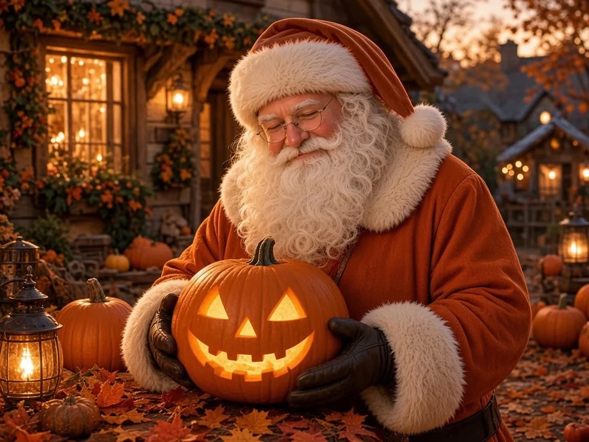 Octobre — le Père Noël et une citrouille d’Halloween, manteau orange